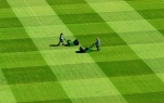 2 gardeners cutting the grass of the Beijing Olimpic Stadium